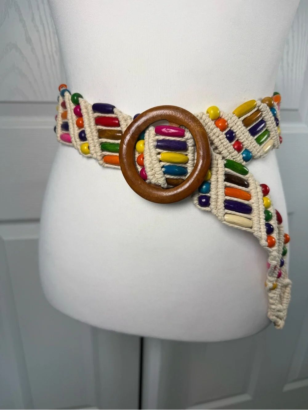 Boho Hippie Macrame Beaded Belt Colorful Rainbow Woven Wood Buckle Festival OS